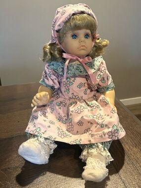 Collectable Doll Pink Floral Dress Doll with Bonnet -